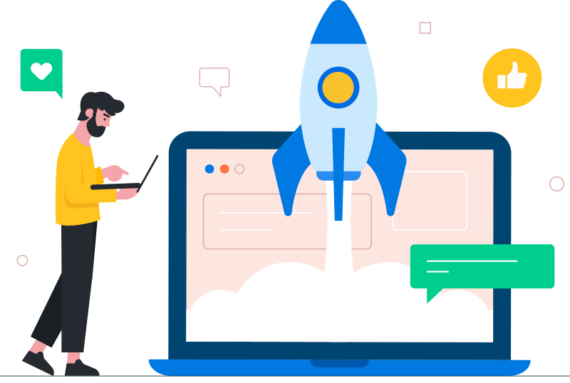 Illustratie van een softwareontwikkelaar en een raketlancering